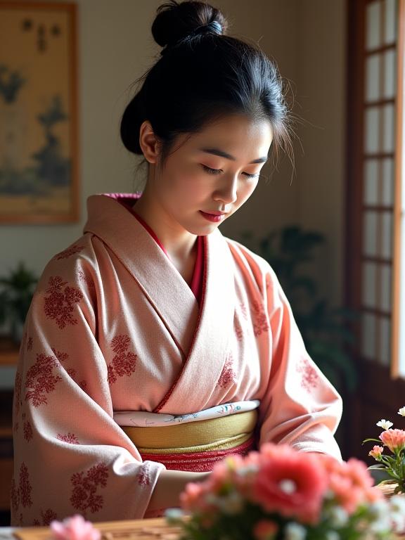 Headmaster Yamada Hanako, dressed in a traditional kimono, arranging flowers.
