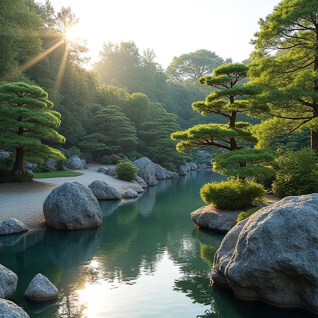 A beautifully designed traditional Japanese garden featuring a serene pond.